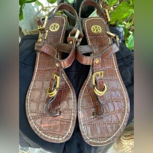 Tory Burch Amanda Thong Sandals in croc-embossed leather.